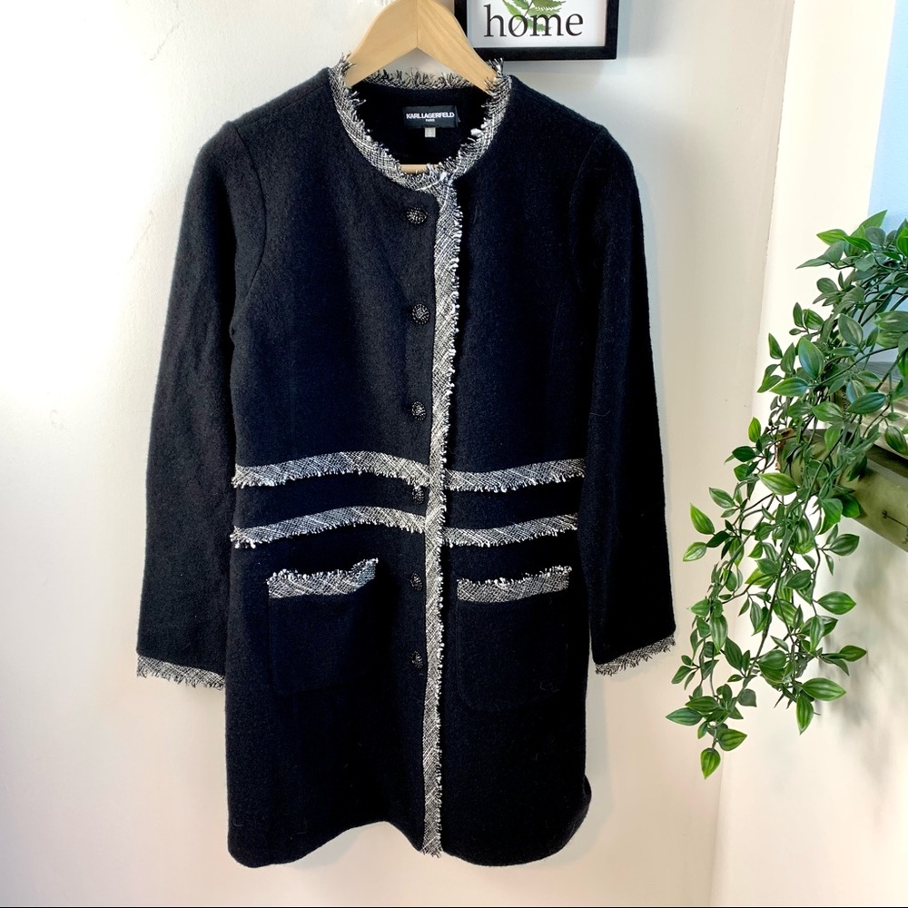 Karl Lagerfeld Black Wool Fringe Long Jacket Sz S